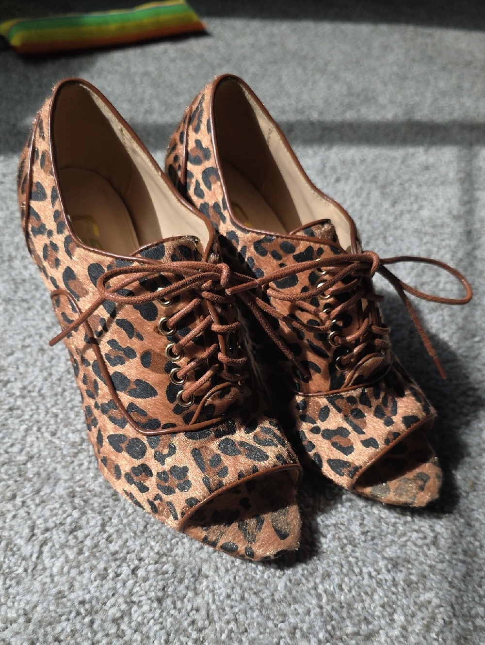 FSJ Leopard Print Lace-Up Peep Toe Heels - Brown & Black